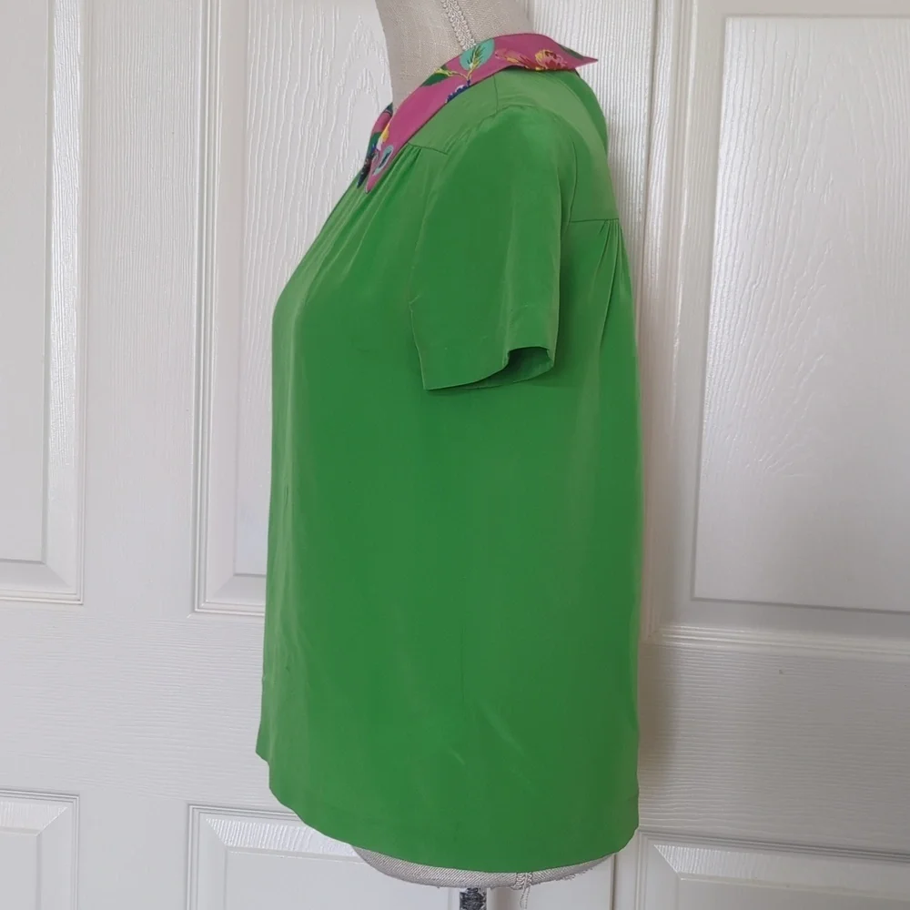Kate Spade Bright Green Short-Sleeve Top with Pink Floral Collar